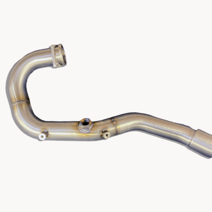 A stainless T304 replacement header pipe for BMW G650X 2006–2009, featuring an S-shaped design with welded joints and attachment points, shown isolated on a white background.
