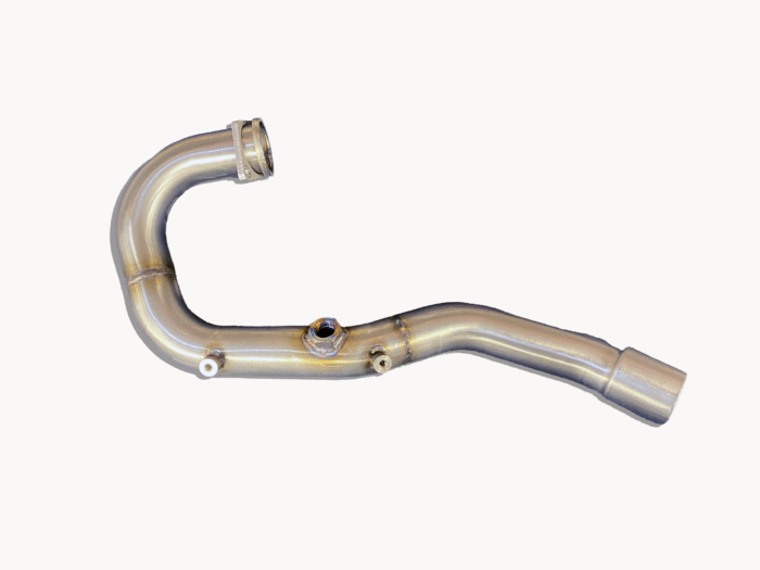 A stainless T304 replacement header pipe for BMW G650X 2006–2009, featuring an S-shaped design with welded joints and attachment points, shown isolated on a white background.