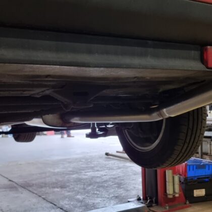 Ford Fiesta Mk2 XR2 CVH T304 Stainless exhaust with Factory 2" outlet ford fiesta mk2 xr2 cvh t304 stainless exhaust with factory 2" outlet side view